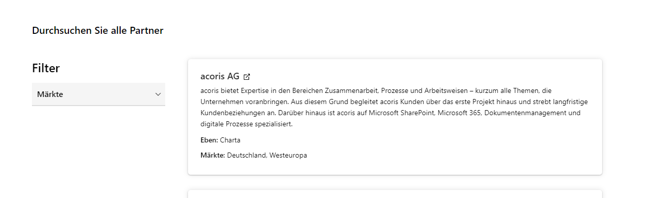 Screenshot von uns auf der Microsoft Webseite als Charter Member für Content AI Partner Program