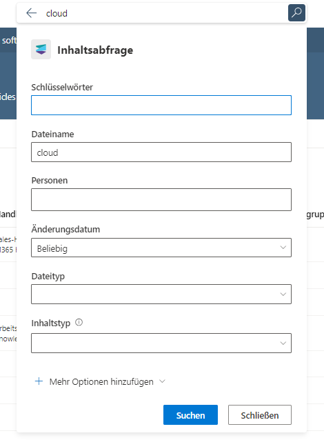 Screenshot von dem Suchformular in SharePoint Premium