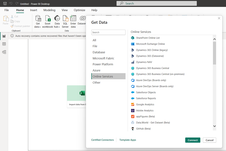 acoris_beitragsbild_ga4 power bi_auswahl online services Auswahlmöglichkeit der Datenquellen für "Online Services", die in Power BI übertragen werden können