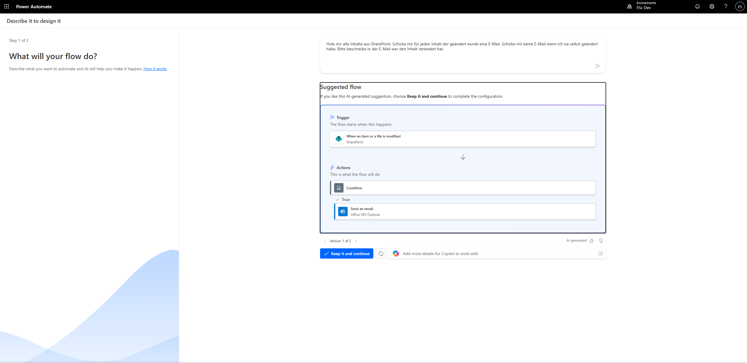 Eingabemaske aus Power Automate mit Empfehlungen von Copilot um einen Flow zu bauen.